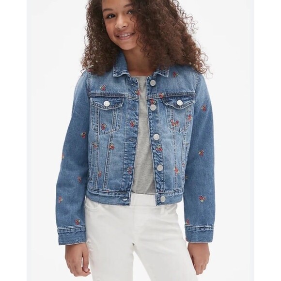 Gap Girls Floral Flowers Embroidered Denim Blue Jean Jacket Pocket XL - Picture 2 of 12